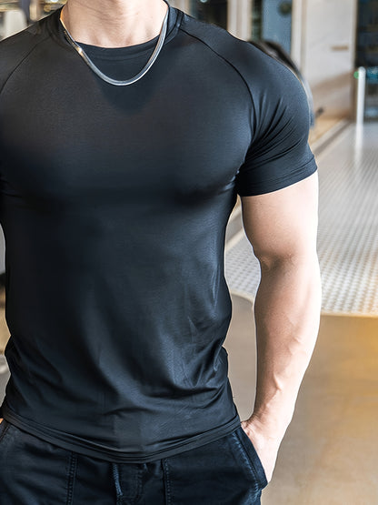 Men'S Slim-Fit Quick-Dry Athletic T-Shirt - Breathable, Stretchy, Solid Color Crew Neck Tee for Gym, Casual Summer Wear, Gym Apparel   Trendy Men'S Tee   Quickdry Materia