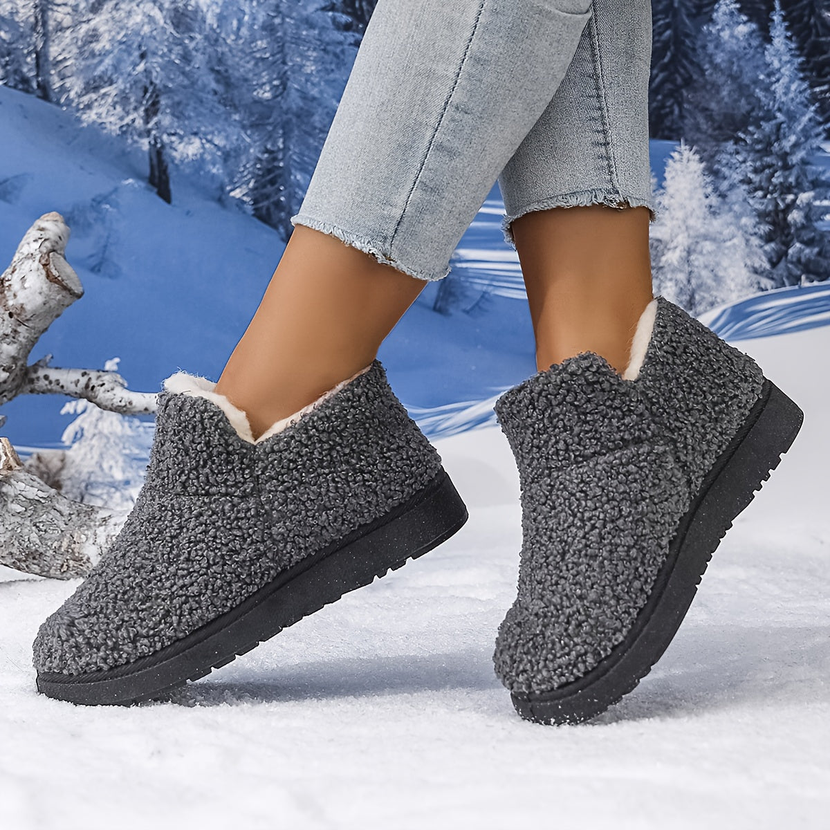 Women'S Plush Winter Slip-On Ankle Boots - Soft Fleece-Lined Low Heel Casual Shoes, Lightweight & Durable, Perfect for Y Days, Winter Footwear | Slipon Boots | Synthetic Cover Sole