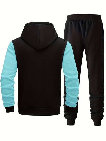 Men's Hooded Letter Print Tracksuit, 2pcs Casual Sports Set, Fashion Hoodie With Full-zip And Elastic-waist Pants, Regular Fit, Outdoor Cloth