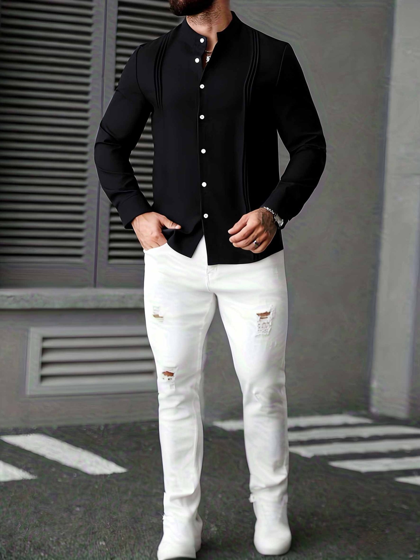 Men's Casual Stand Collar Long Sleeve Solid Color Shirt