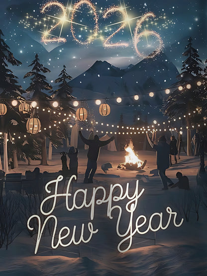 Men'S 2026 New Year'S Eve Bonfire Fireworks Hooded Sweatshirt - 100% Polyester, Sporty & Functional Style with Happy New Year Print, Casual Pullover for Fitness & Outdoor, New Year Sweatshirt, Outdoor Clothing, Sporty Design,