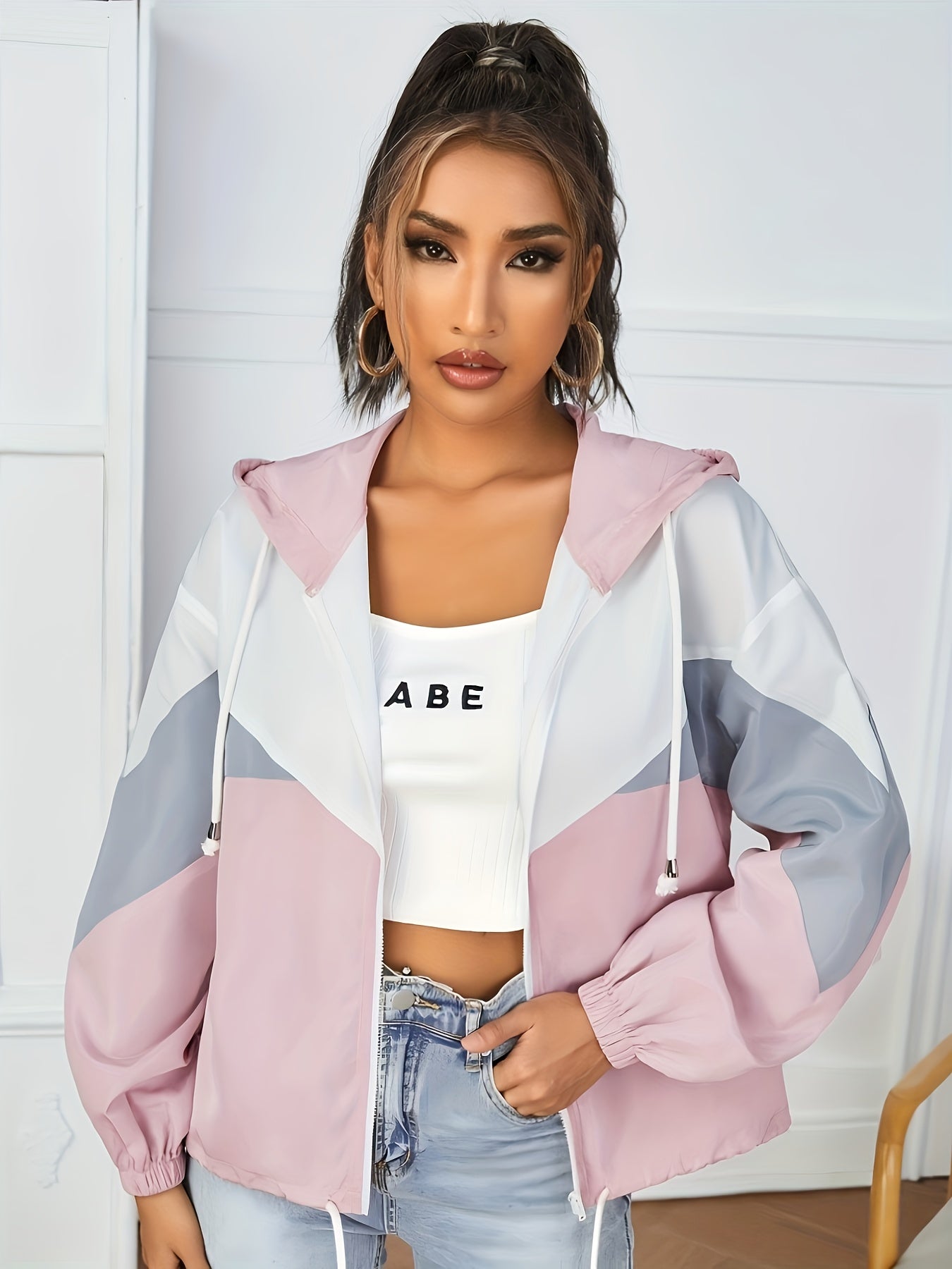 Fashionable dropped-shoulder hooded color-block sun-protective jacket with zipper and drawstring