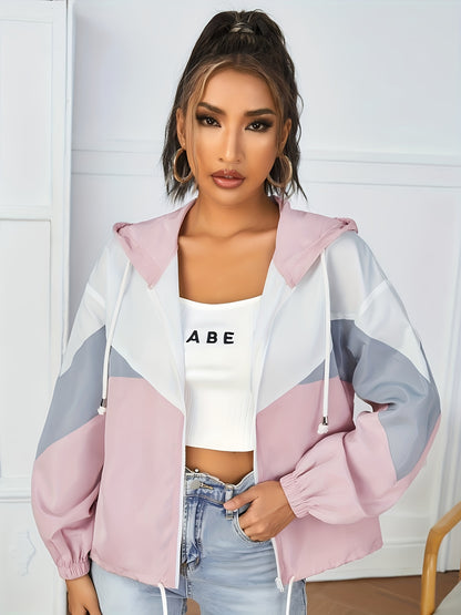 Fashionable dropped-shoulder hooded color-block sun-protective jacket with zipper and drawstring