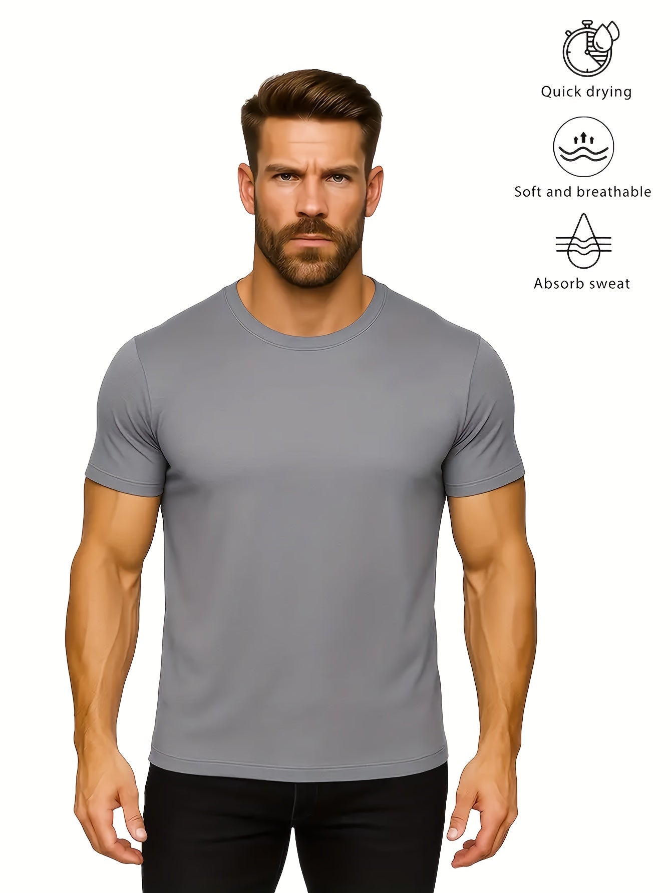 2pcs Men's Quick-Dry T-Shirts - Moisture-Wicking Breathable Gym Shirts with Custom Logo Print, Regular Fit Round Neck for Workout  Casual Wear, Workout Shirts, Durable Sportswear