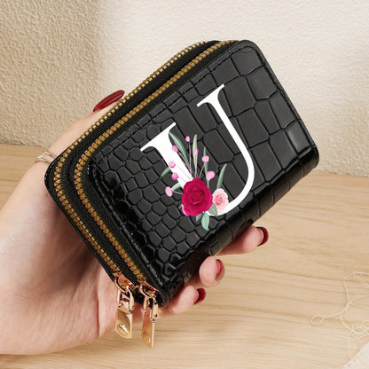 Minimalist Women'S Short Wallet Featuring a Double Zipper Design, with a Crocodile A-Z Letter Pattern. This Stylish Handbag Also Serves As a Fashionable Coin Wallet, Perfect for Travel, Back-To-School, Or Parties.