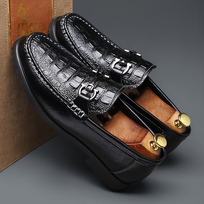 Men's Crocodile Embossed Slip-On Loafers with Metal Buckle