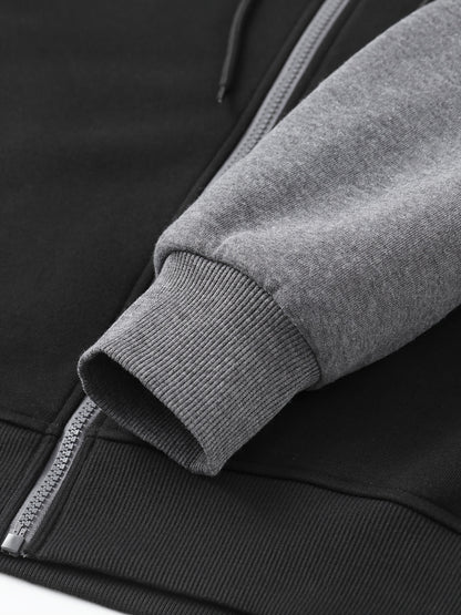 Men's Casual Sports Hoodie Two-Piece Set Four Seasons Color-Matching Zipper Drawstring Waist Jogging Suit