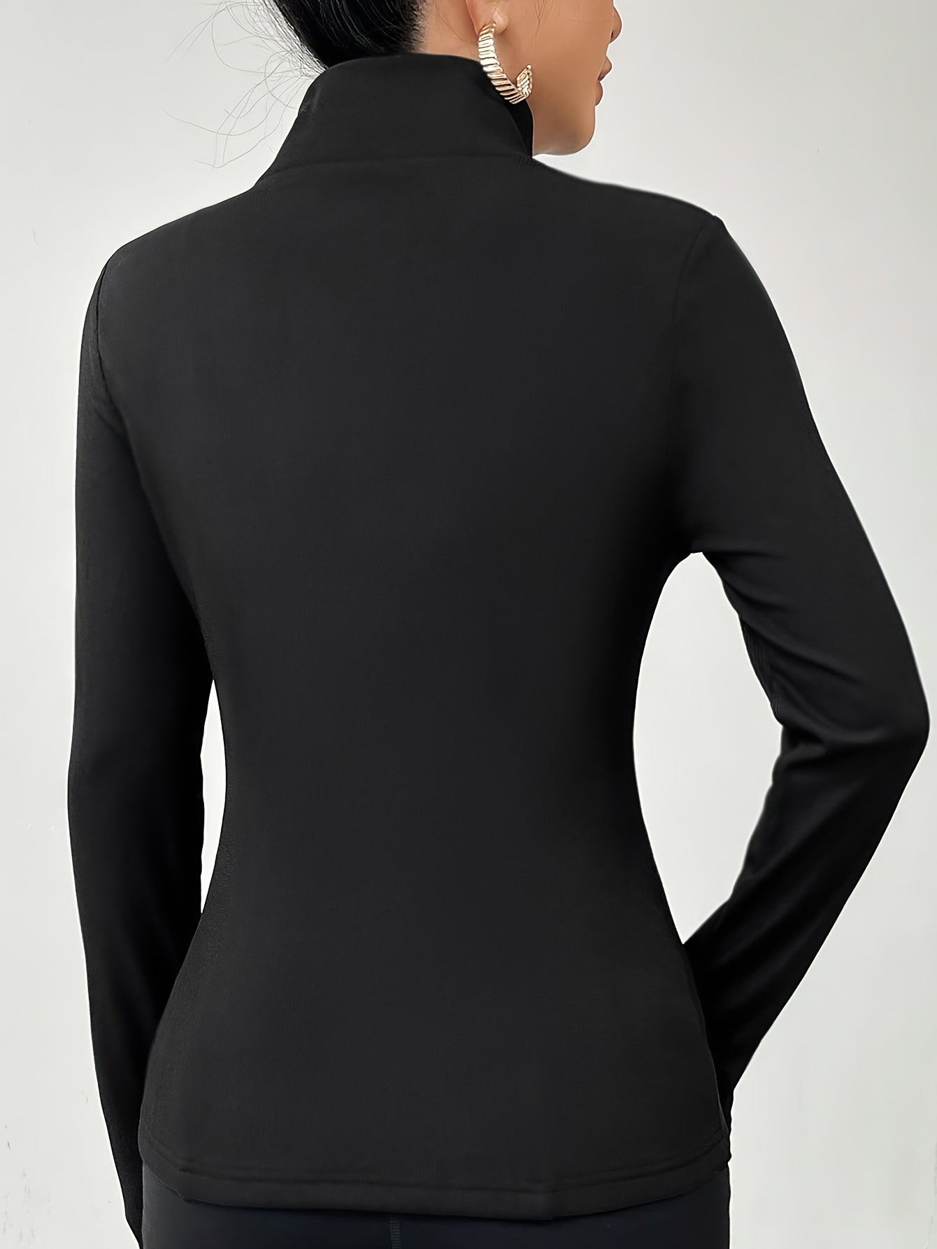 Women'S Fleece Jacket - Elegant Stand Collar Zip-Up with Front Pockets, Long Sleeve, All-Season Versatile for & Fitness, Black, Apparel | Sleek Black Jacket | Zippered Jacket