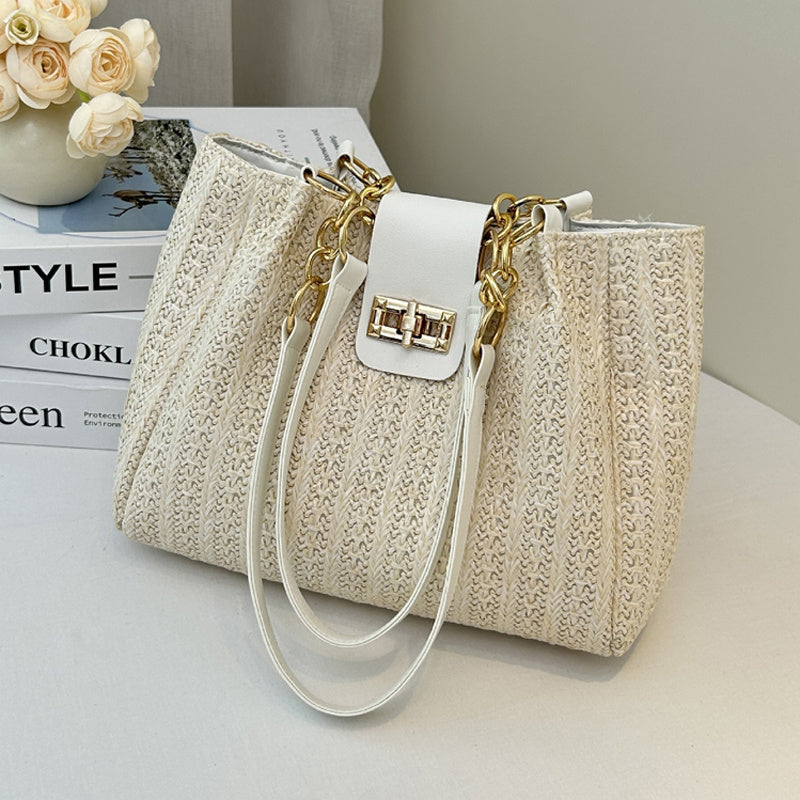 Elegant Women'S Crossbody Bag Featuring a Detachable Chain Shoulder Strap And Golden Hardware - Luxurious Wallet with Golden Accents, Rotating Lock Closure, Available in Brown And Black - Korean Style, Niche Woven Material, L