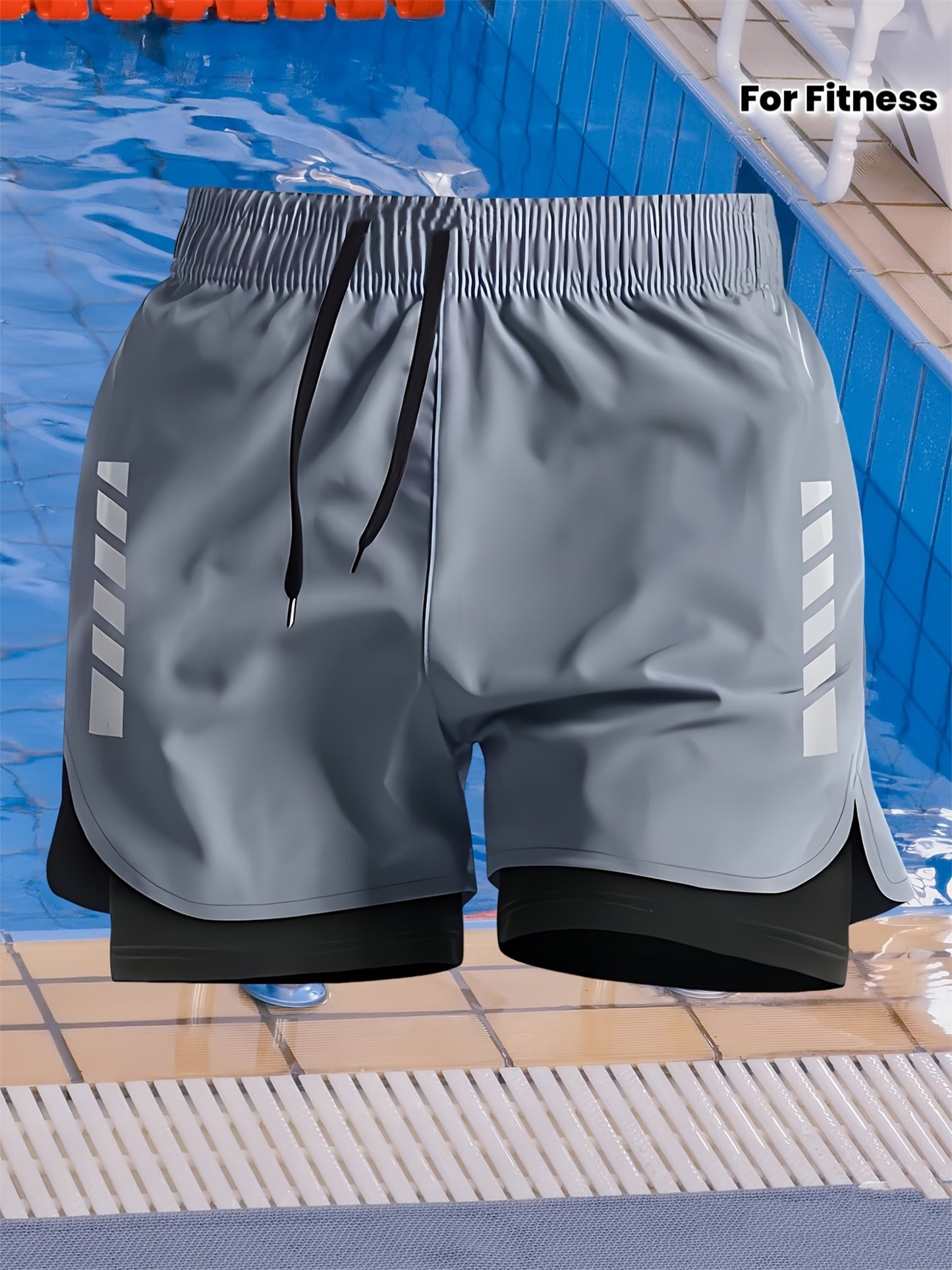 Men's Skinny Double-Layer Swim Trunks with Stripes for Summer Fitness
