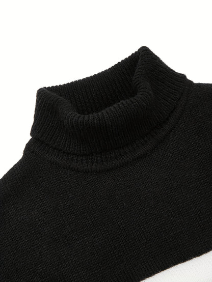 Men'S High-Neck Striped Knit Sweater, Stylish Color-Blocked Pullover for Spring And Autumn - ayq
