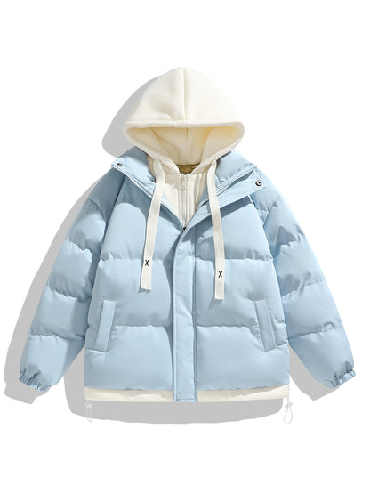 Women'S Light Blue Hooded Puffer Jacket - Cozy Fleece-Lined Winter Coat with Drawstring Hood, Casual Style for Cold Weather, Winter Coat