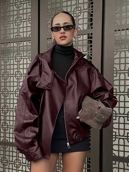 Women's Vintage H-Line Loose Polyester Jacket with Stand Collar