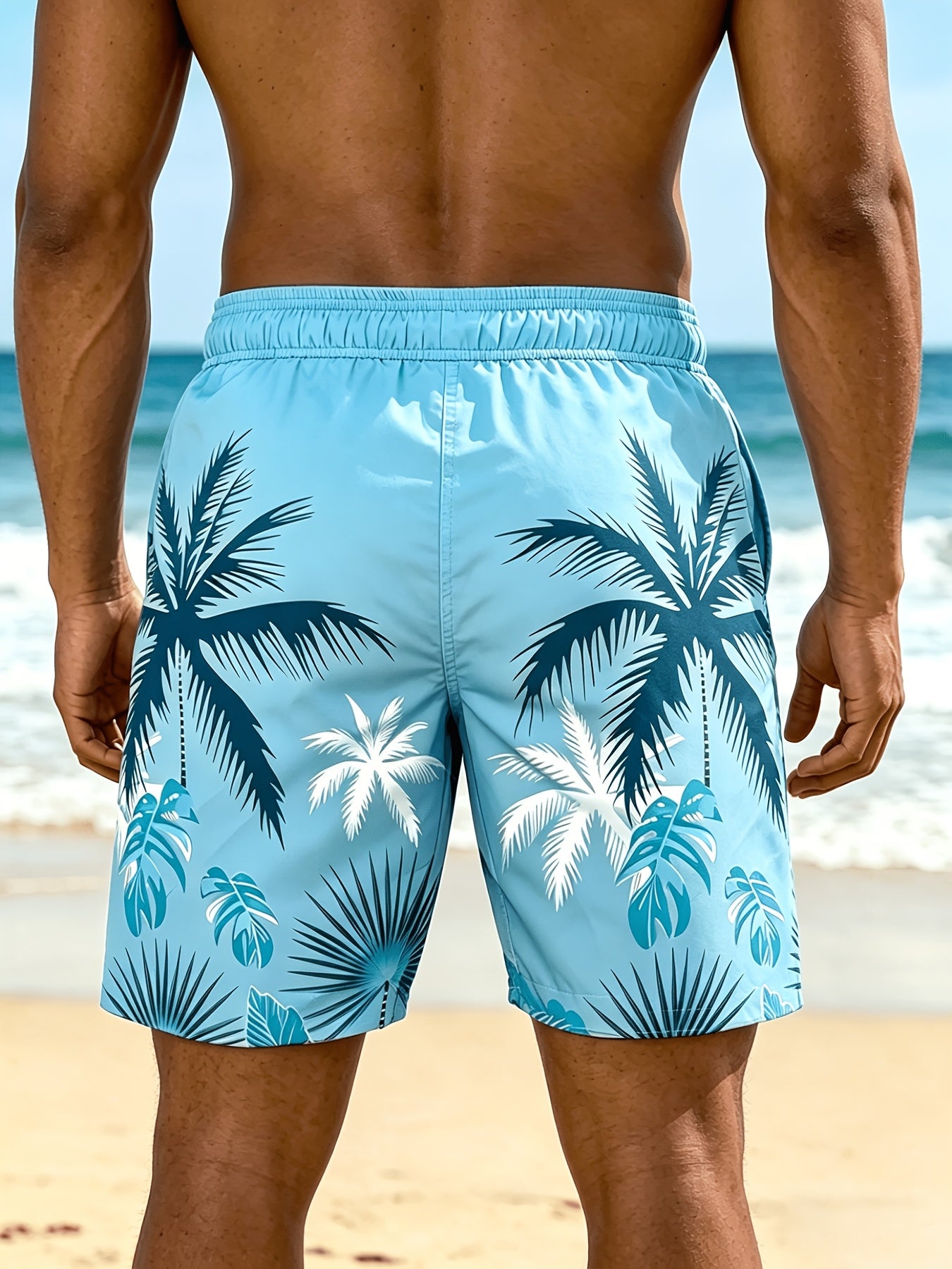 Plus Size Men's Palm Tree Print Beach Shorts, Breathable Polyester