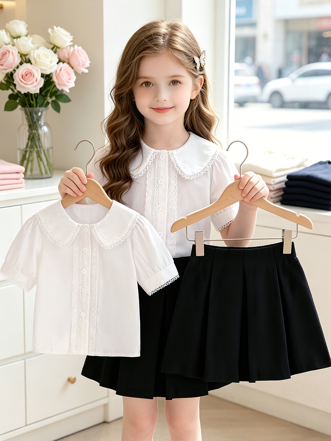 Girls' Summer Preppy 2-Piece Skirt Set with Polo Shirt