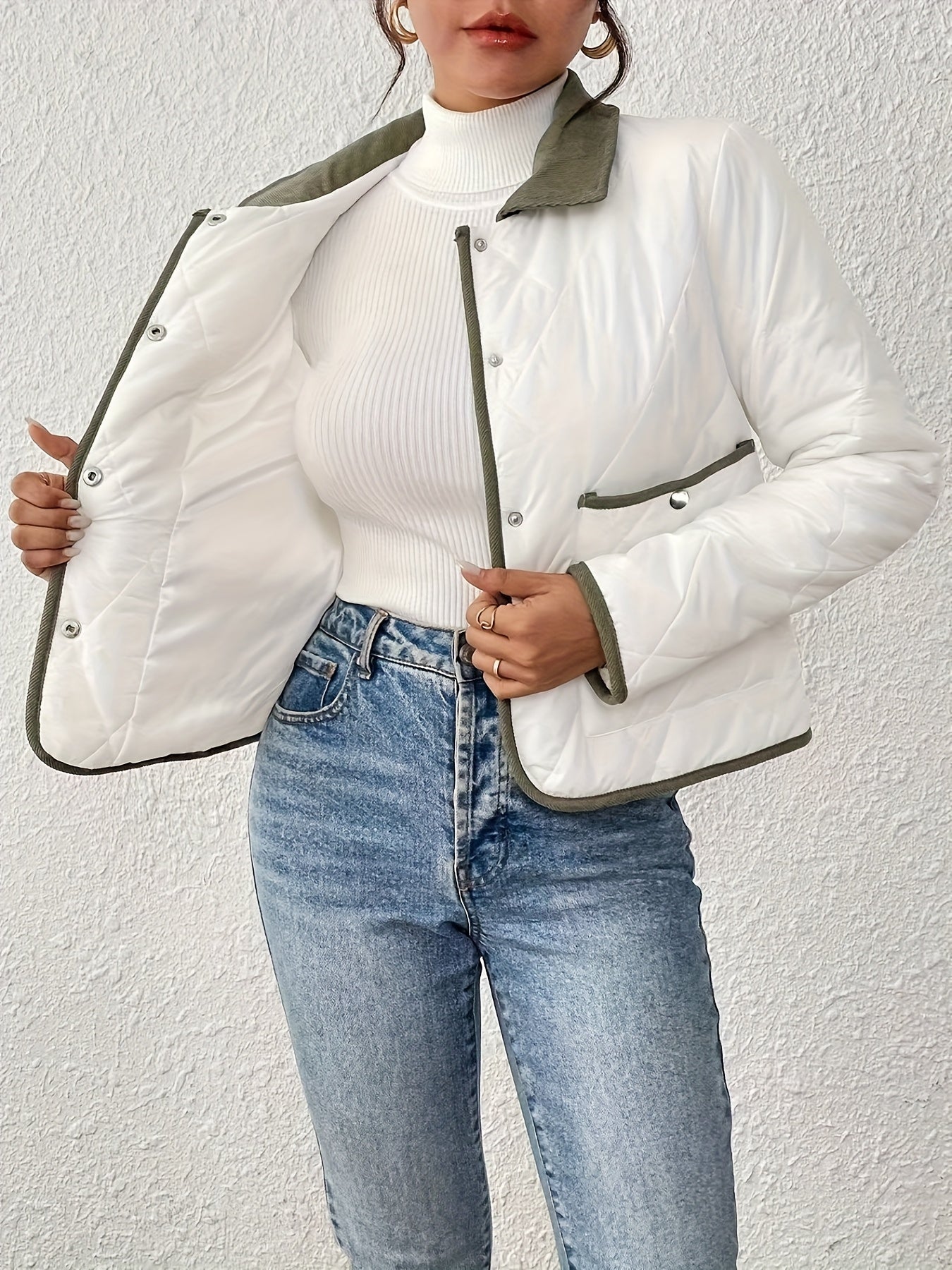 Women's Fashion Elegant Two-Tone Fabric Short Jacket, Color-Block Lapel Collar, Long Sleeve, Suitable for All Occasions, Autumn and Winter