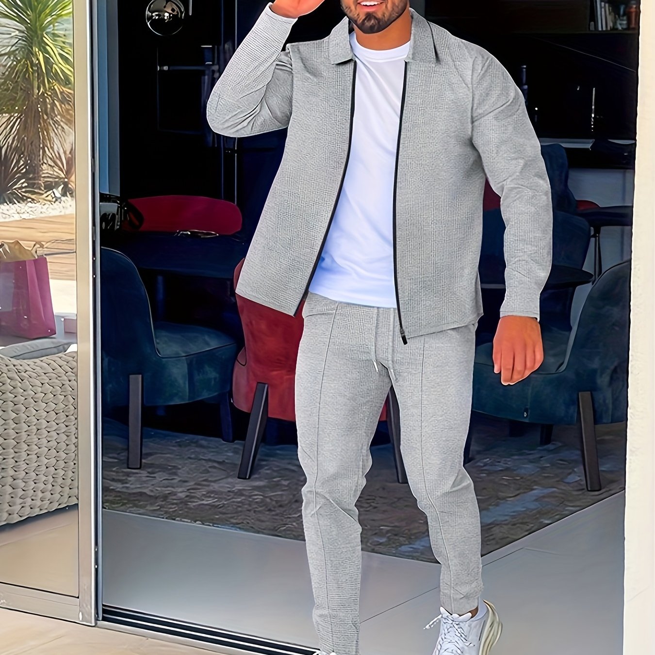 Men's Waffle Collar Suit Fashion Zipper Cardigan Casual Set
