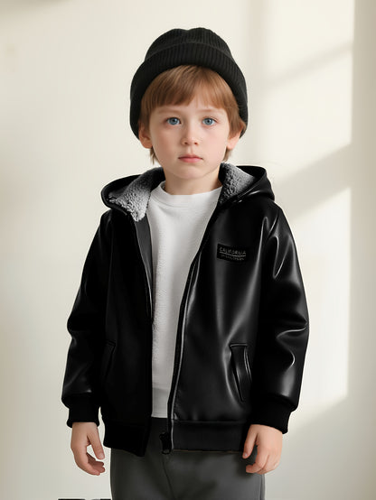 Boys' Fleece Lined PU Leather Jacket Warm Hooded Coat