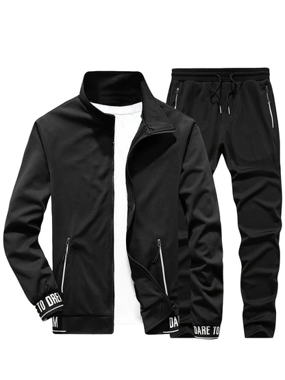 Men'S Casual Sportswear Set - Beige Zip-Up Jacket & Joggers with "DARE TO BE" Print, Long Sleeve, Pockets, and Drawstring Waist, Perfect for Running and Leisure Activities, Spring/Fall Collection, Spring Fall Attire | Zipup J
