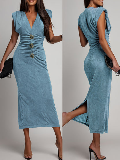 Sleeveless V-Neck Ruched Waist-Defining Metallic Midi Dress