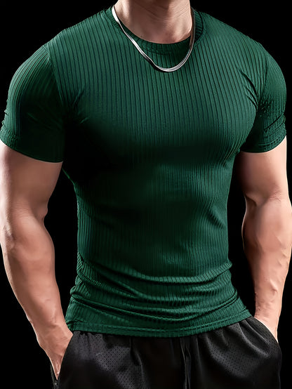 Men's Slim Fit Ribbed Short Sleeve T-Shirt - Stretchy Athletic  Casual Wear, Green, Round Neck, Machine Washable, Muscle-Enhancing Design, Gym Shirts