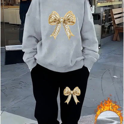 Women'S Sparkling Bow Print Sweatshirt and Pants Set - Casual Long Sleeve Pullover with Glittery Bow Design, Black and Gray, Perfect for Casual Attire, Casual Wear|Sparkling Bow Design|Stretchy Fabric