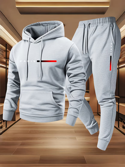 Halloween Men'S Hoodie with PARIS Lettering And Drawstring Sweatpants Set, a Must-Have Outfit for Autumn And Winter, Perfect for Everyday Outdoor Wear