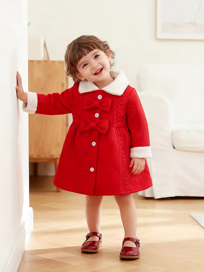 1pc New Style Single-Breasted Bowknot White Collar Dress for Girls, Red Christmas and New Year Baby Outfit