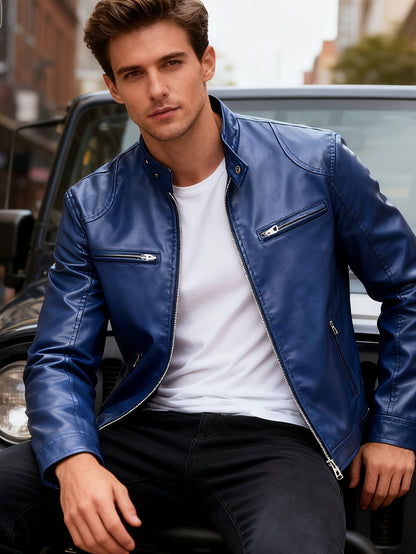 Men's Slim Fit Faux Leather Biker Jacket with Stand Collar