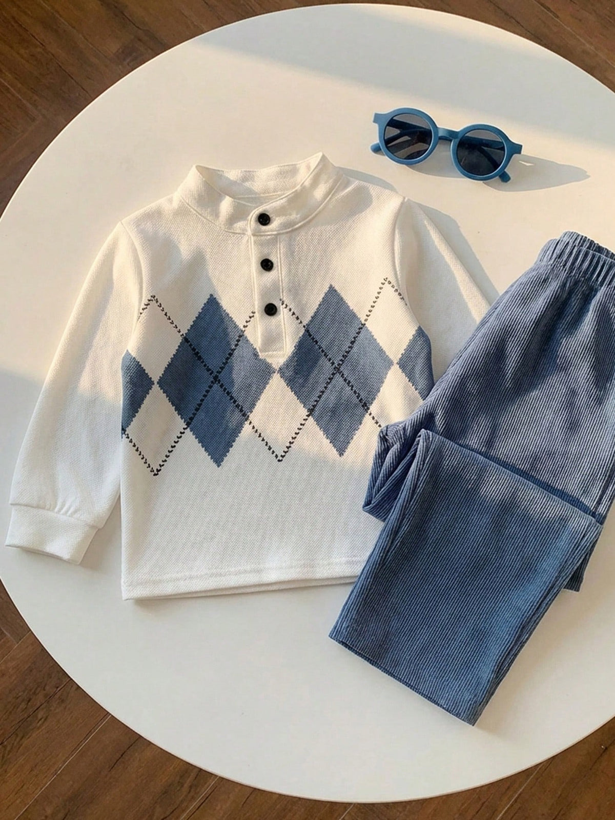 Boys' British Style Rhombus Top & Corduroy Pants Set for Spring - ayq