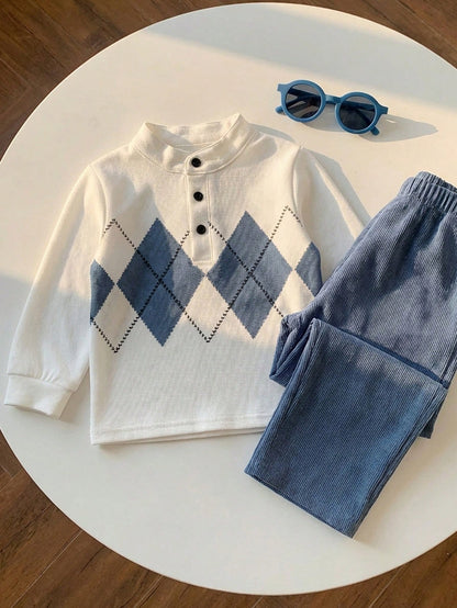 Boys' British Style Rhombus Top & Corduroy Pants Set for Spring - ayq