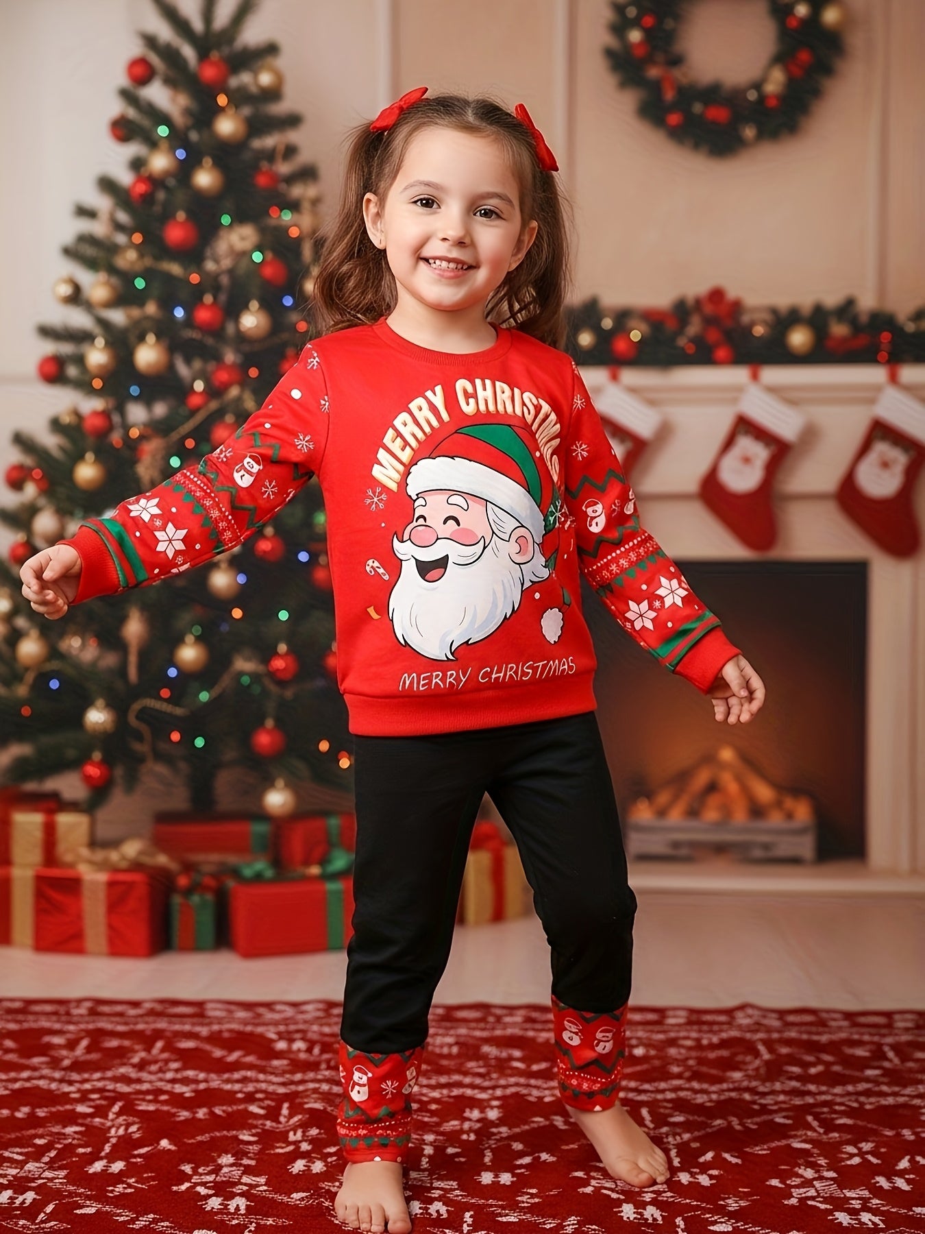 2pcs Girls' Christmas Outfit Set - Red Long Sleeve Top & Black Pants with Santa Claus, Snowflakes & SnowChildren - Cozy Winter Party Outfit for Christmas Day, for Outdoor, Christmas Clothes, Festive Clothing, Holiday Clothing