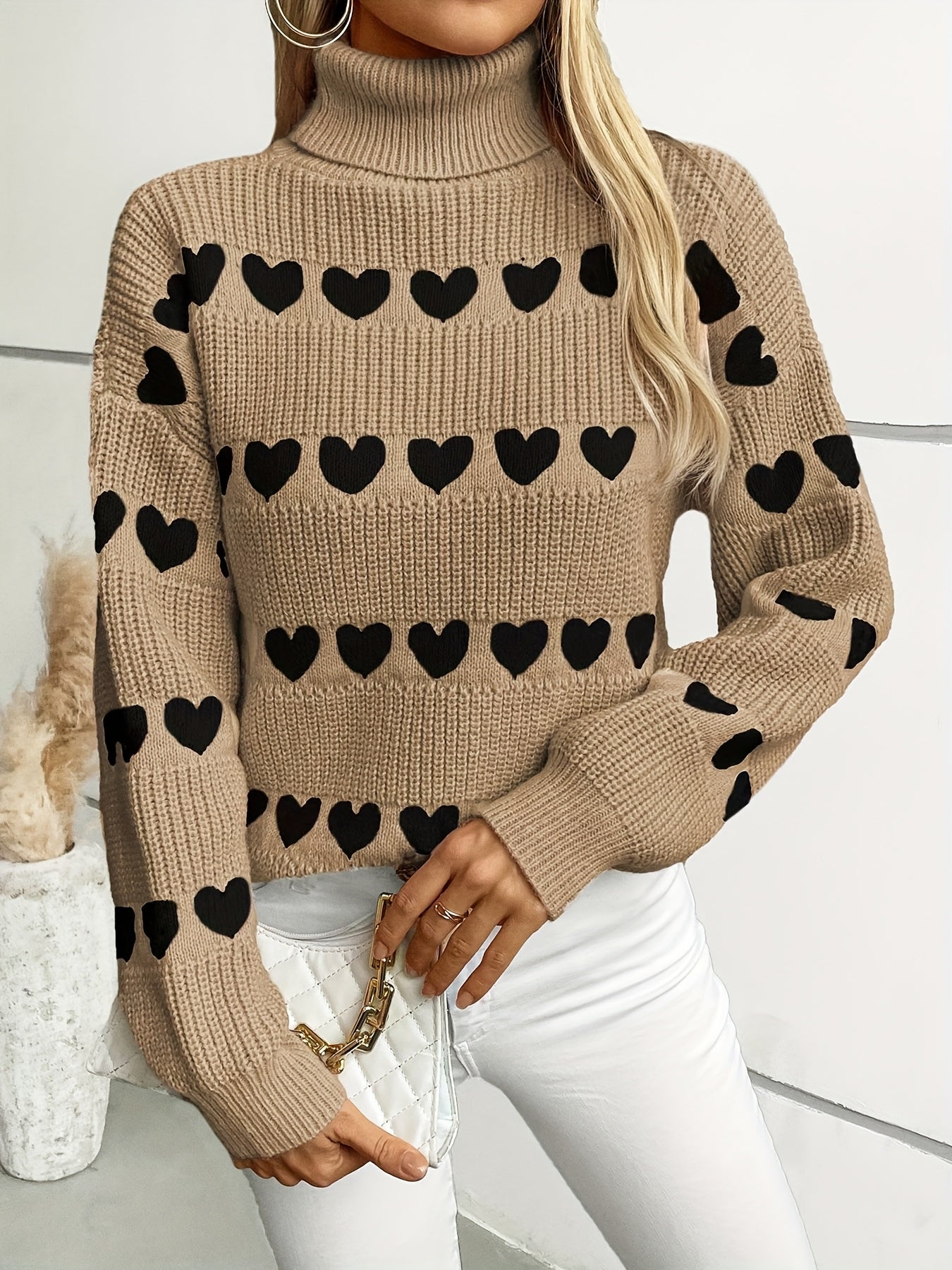 Women'S Cozy Cardigan with Heart Pattern - Long Sleeve, High Neck, Brown, Casual Fall/Winter Pullover, Loose Fit, Geometric Design, Perfect for Casual Attire, Cozy Cardigan, Red Heart Sweatshirt