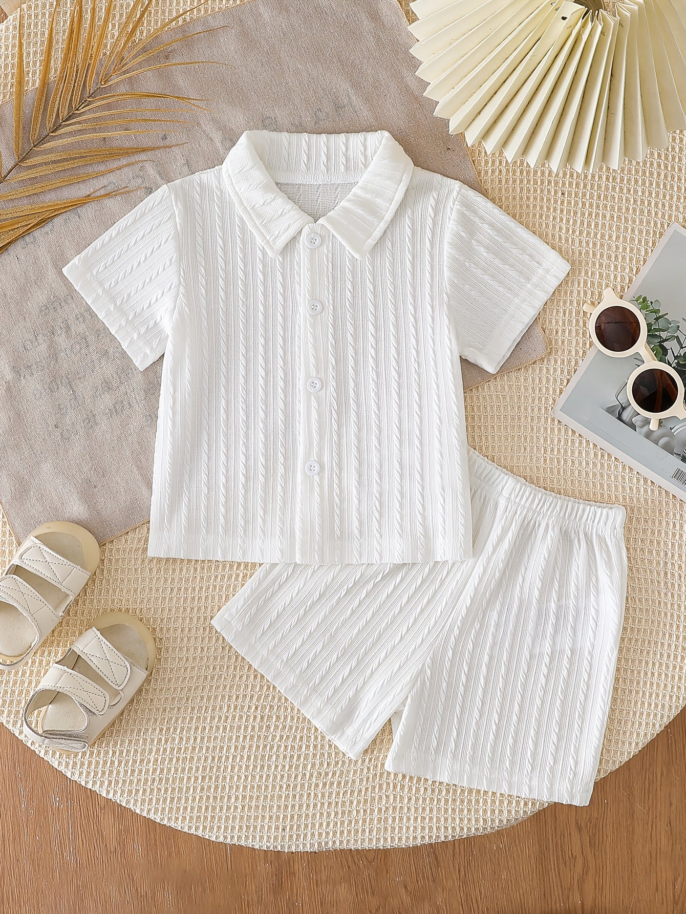 Boys' Summer Striped Waffle Knit Shirt & Shorts Set