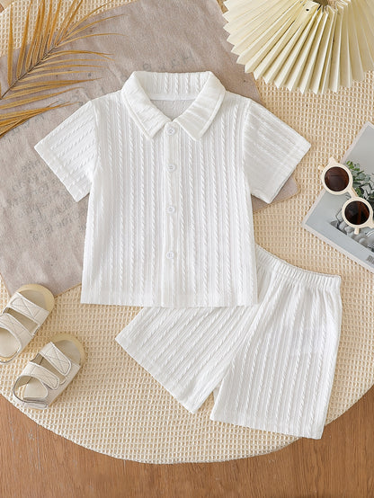 Boys' Summer Striped Waffle Knit Shirt & Shorts Set