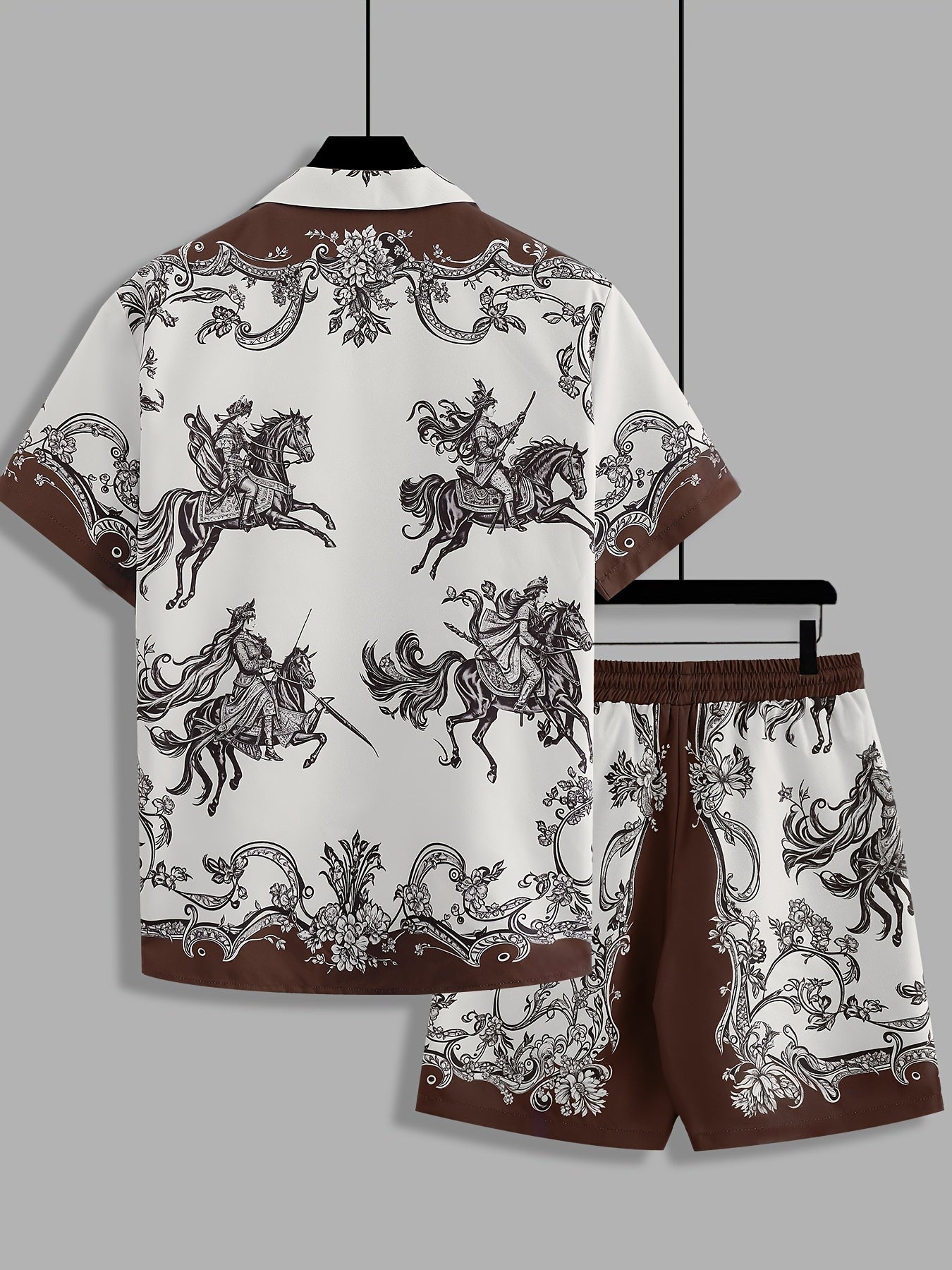 Men's Summer Suit Set: Short Sleeve Knight Print Positioning Burned Shirt with Open Collar, Drawstring Casual Shorts Pajama Two-Piece Set