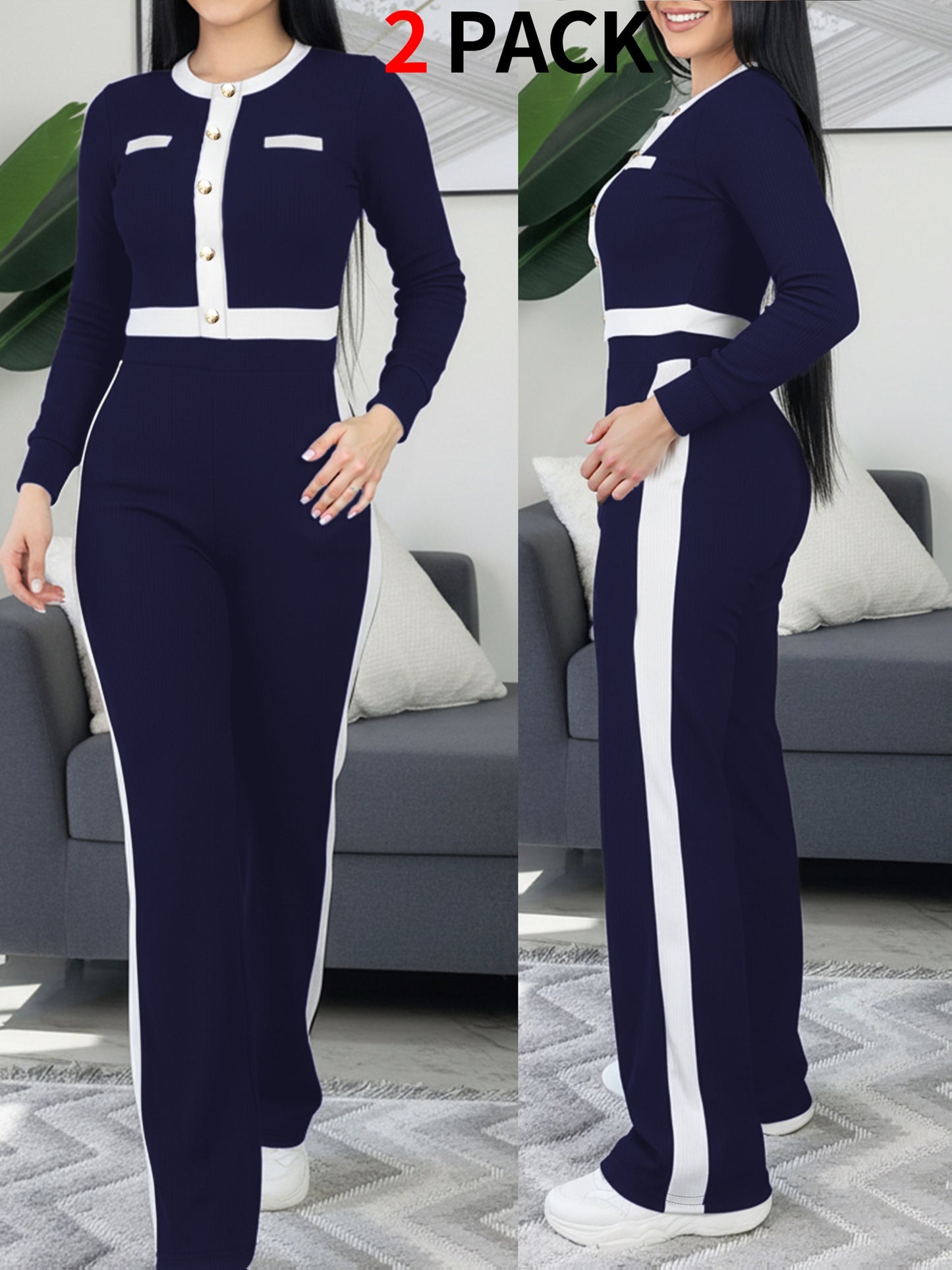 Autumn And Winter Women'S Outfit - Stylish Color-Blocked Fitted Long-Sleeve Top with a Round Neck And Versatile High-Waisted Comfortable Straight-Leg Pants