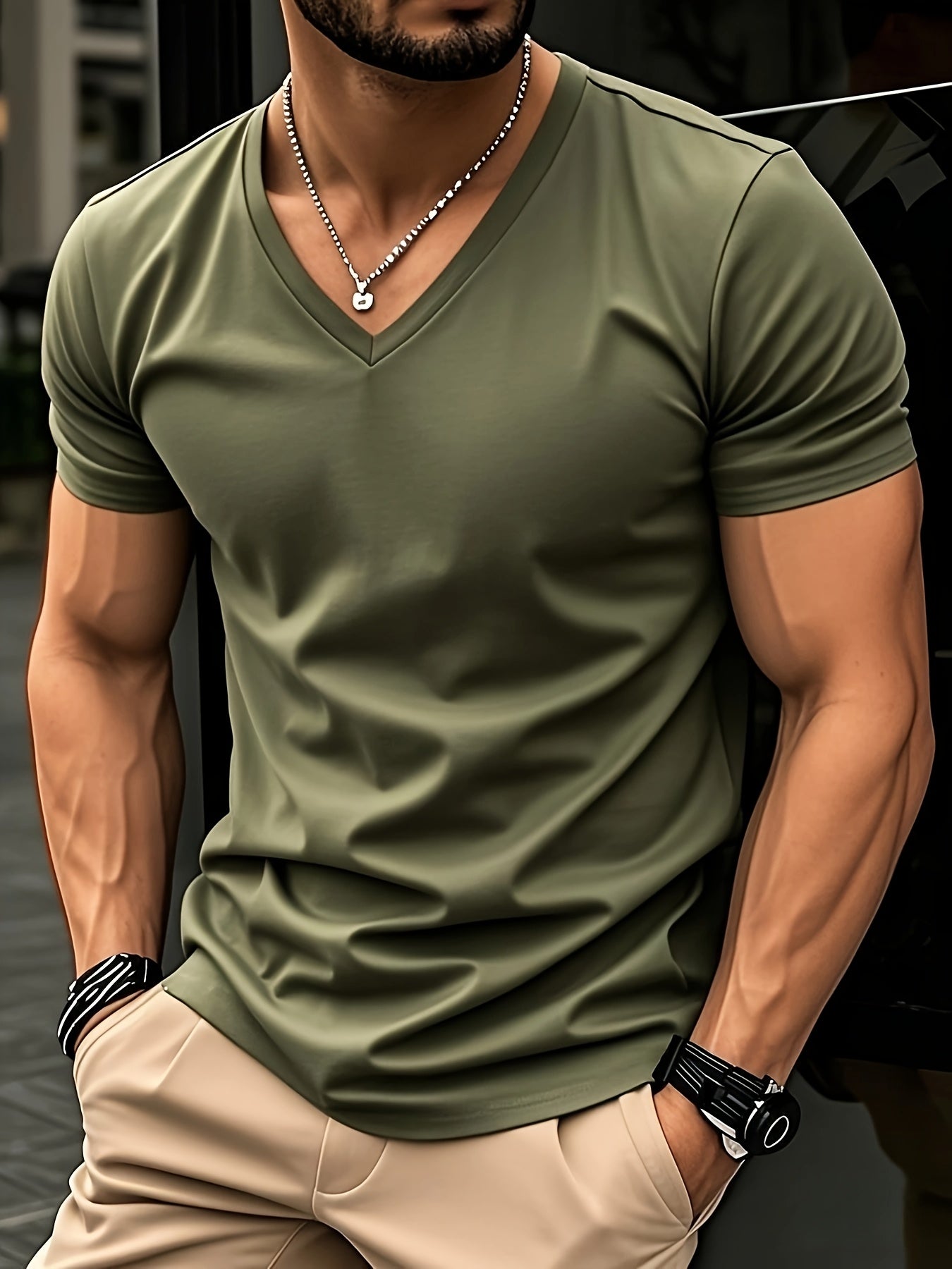 Men'S V-Neck Short Sleeve T-Shirt - Lightweight  Breathable, Casual Fit, Solid Black, Perfect for Summer, High-Quality Knit Fabric, Everyday Tshirt   Casual Style   Comfortable Fit