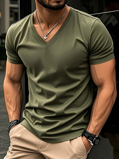 Men'S V-Neck Short Sleeve T-Shirt - Lightweight  Breathable, Casual Fit, Solid Black, Perfect for Summer, High-Quality Knit Fabric, Everyday Tshirt   Casual Style   Comfortable Fit