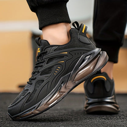 Men's Casual Sneakers - Breathable Low-Top Lace-Up Design, Durable PU Upper  Cushioned PVC Sole for All-Season Comfort - Black with Yellow Accents - Ideal for Running, Hiking, Daily Wear, Hiking Footwear, Stylish Contrast Ac