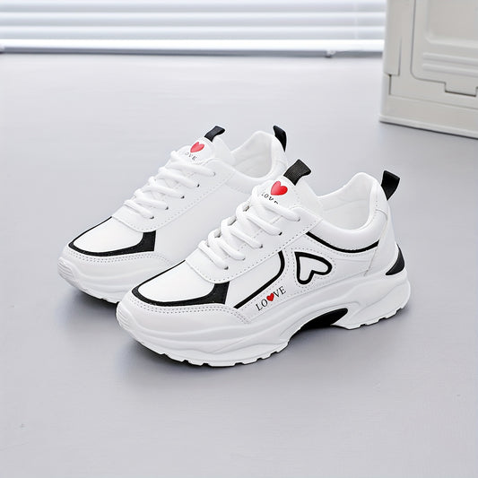2025 Women's White  Black Casual Running Shoes with Red Heart Accent - Breathable Mesh  Synthetic Cover Low-Top Sneakers, Round Toe Design, TPU Sole for Gym, Walking, Outdoor Activities, Stylish Fitness Footwear