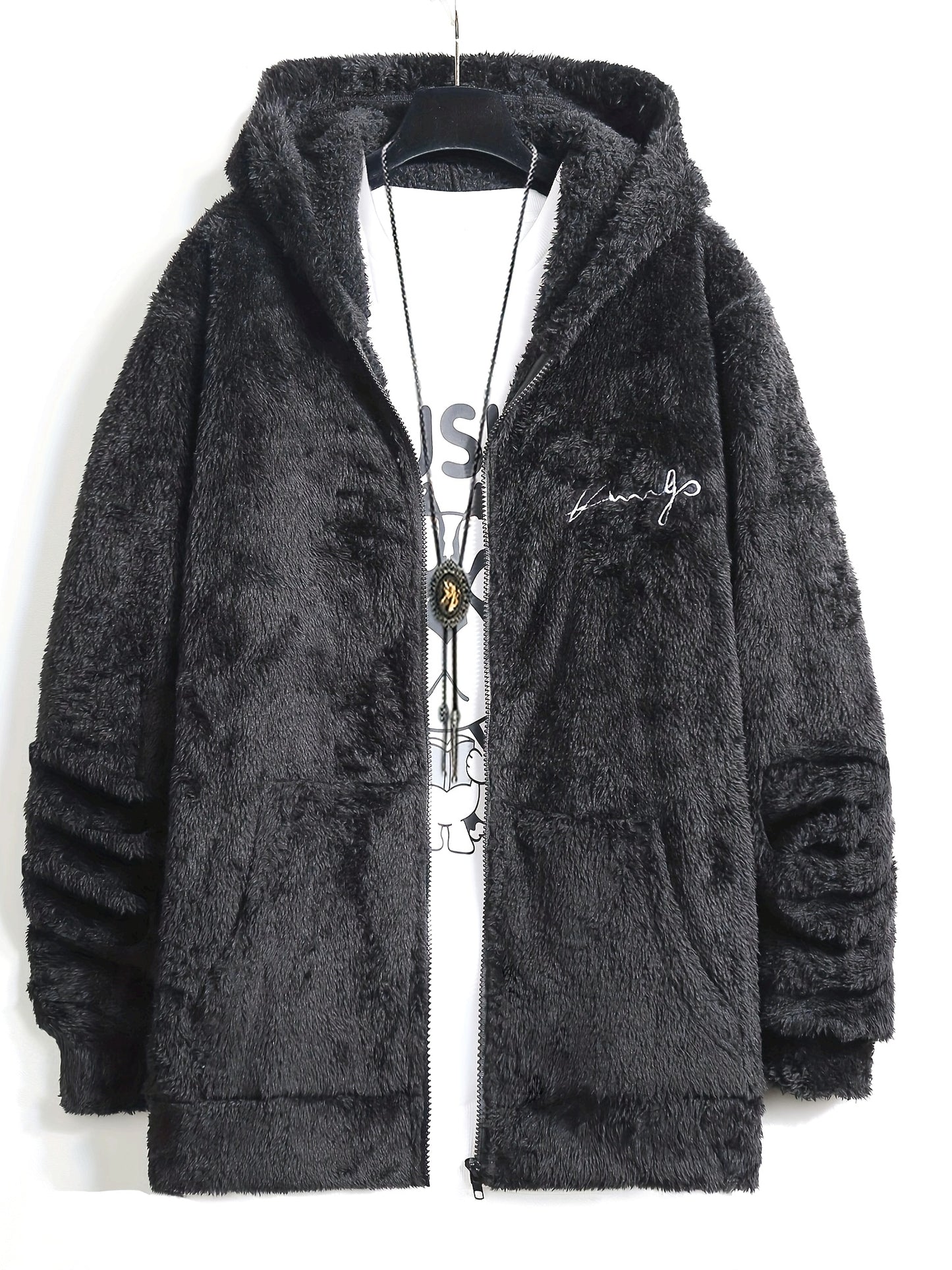 Casual Style] Men's "RELAX" Fleece Hoodie Jacket - Casual Dual-Sided Brown Teddy Coat with Zipper Closure, Long Sleeves for Fall/Winter, Casual Outerwear|Stylish Casualwear|Crafted Embroidery