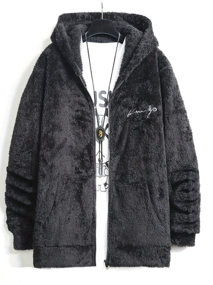 Casual Style] Men's "RELAX" Fleece Hoodie Jacket - Casual Dual-Sided Brown Teddy Coat with Zipper Closure, Long Sleeves for Fall/Winter, Casual Outerwear|Stylish Casualwear|Crafted Embroidery