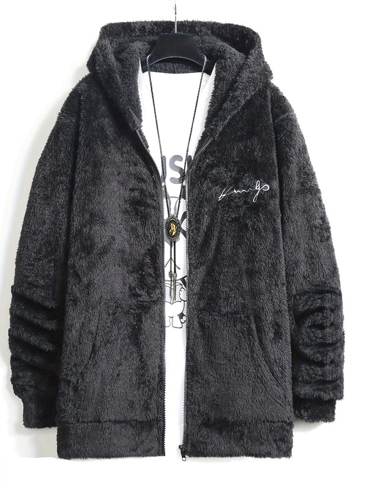 Casual Style] Men's "RELAX" Fleece Hoodie Jacket - Casual Dual-Sided Brown Teddy Coat with Zipper Closure, Long Sleeves for Fall/Winter, Casual Outerwear|Stylish Casualwear|Crafted Embroidery