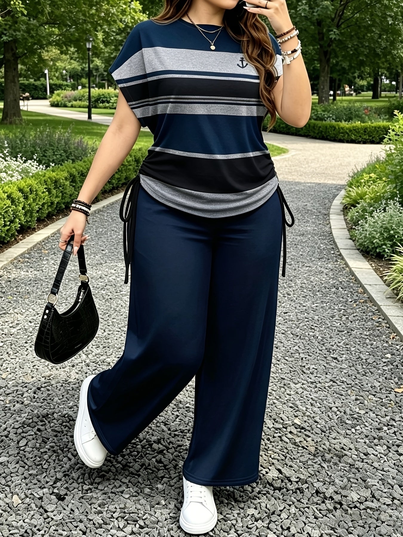Women's Casual Two-Piece Set with Striped Bow Drawstring