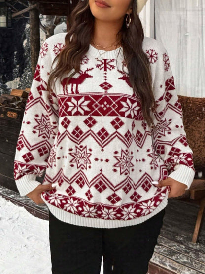 Women'S Thick Double-Layer Winter Sweater - Red & Snowflake & Geometric Pattern Pullover, Round Neck Long Sleeve Sweater with Piping Trim, Cozy Fall/Winter Casual Chic Outfits, Ladies Sweaters