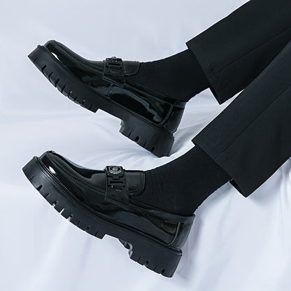 Men'S Black Soft Patent Platform Chunky Heel Loafers Fashion Tassel Business Casual Formal Work Shoes Non-Slip Lug Sole Slip-On Penny Loafers