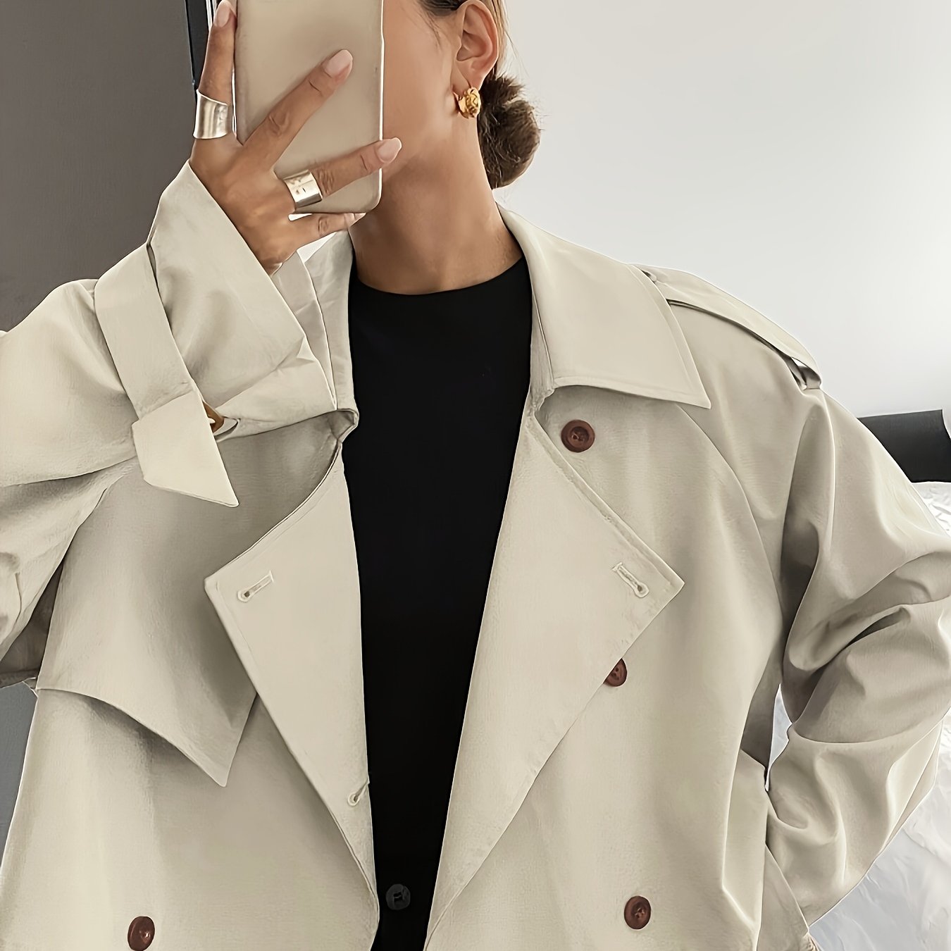 Women's Spring/Autumn Solid Color Simple Loose Casual Short Long Sleeve Trench Coat