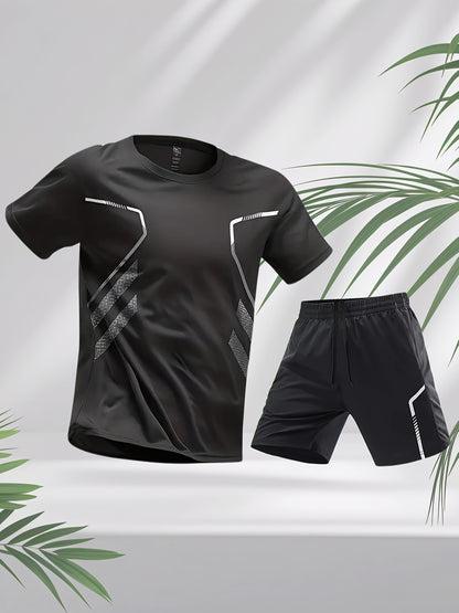 2pcs Men's Running Sportswear Set Summer Ice Sliky Fiber Fabric Quick-Dry Sweat-Absorbent Fitness Casual Short Sleeve Shorts Outfit
