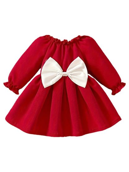 Girls' Long Sleeve Party Dress - Winter Formal & Everyday Outfit, Machine Washable Toddler & Baby Girl Clothing with Front Bow Accent - Rich Red Birthday, Christmas, Photoshoot Dress